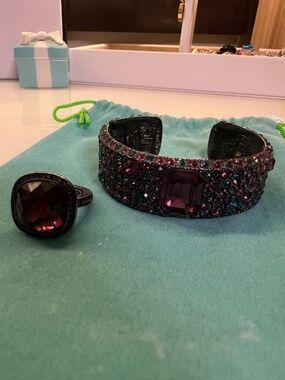 Vintage Kenneth Jay Lane Gunmetal Crystal Cuff Bracelet & Cocktail Ring Set